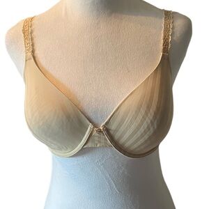 Chaps Brand Lace Trim T Shirt Bra, Underwire, Tan and Cream Striped, 34D New